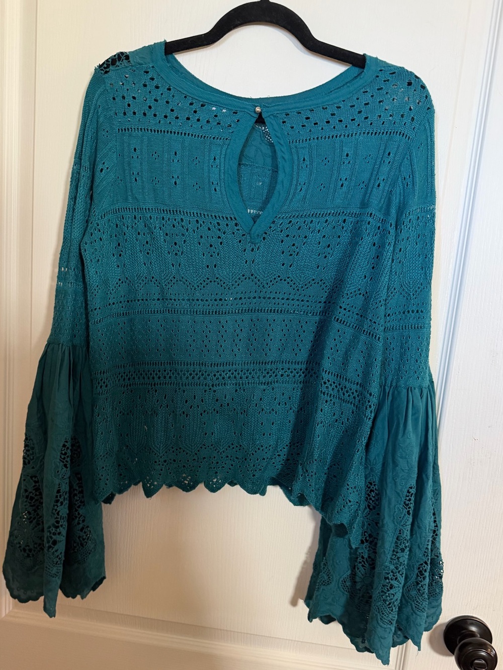 NWOT Free People Teal Crochet Bell-Sleeve Keyhole Back Top Size S/P - Picture 4 of 5